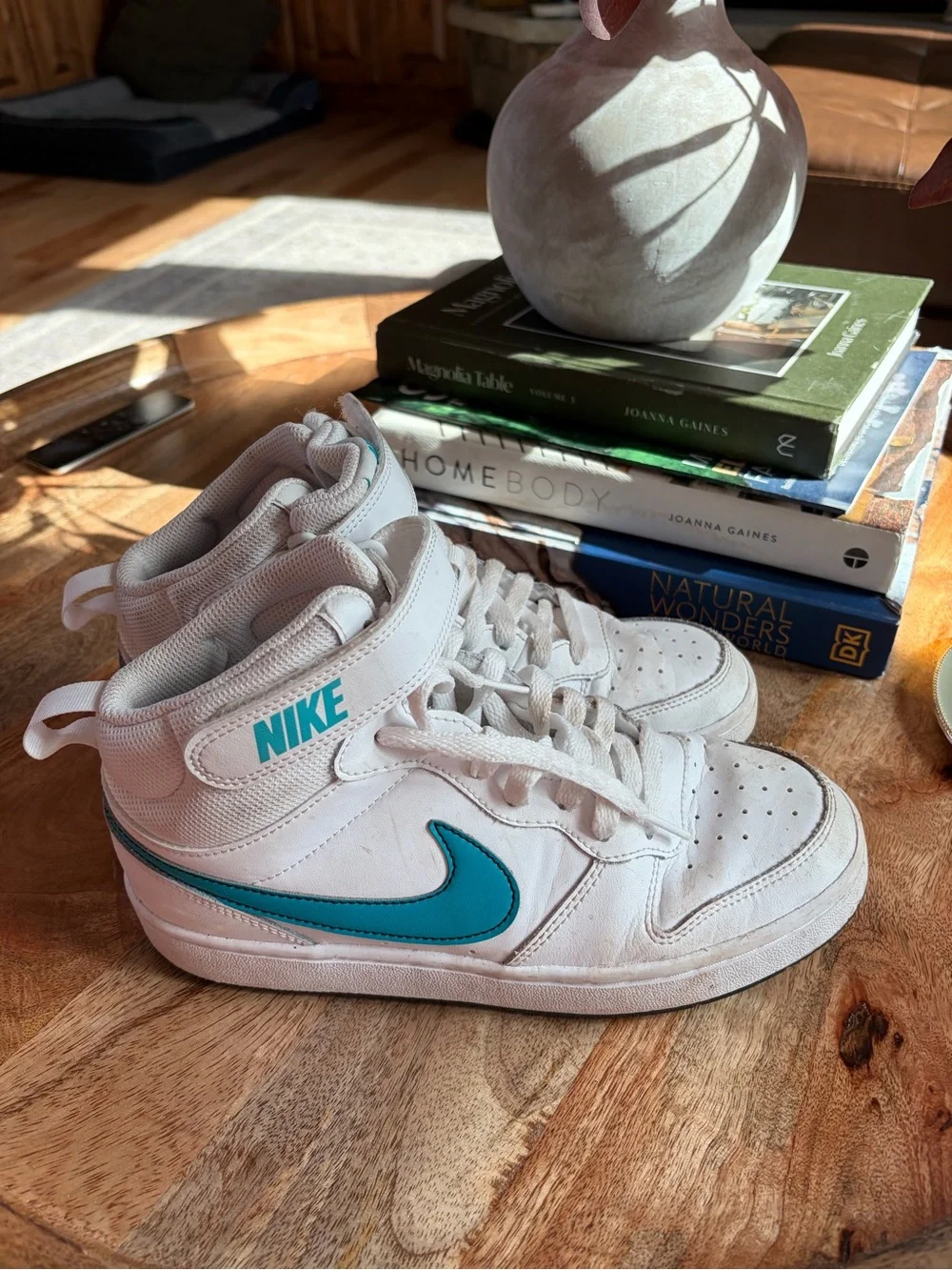 Nike Kids White Mid-Top Sneakers with Teal Swoosh